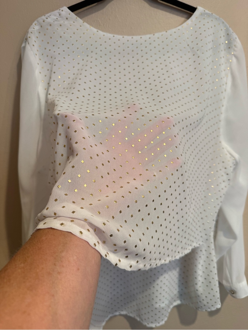 NY Collection White Layered Button Long-Sleeve Blouse with Gold Studded Detail - Picture 6 of 9